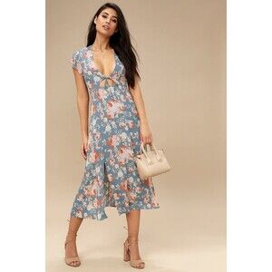 Lulu’s Dress Light Blue Floral Print Midi Short Sleeve XL